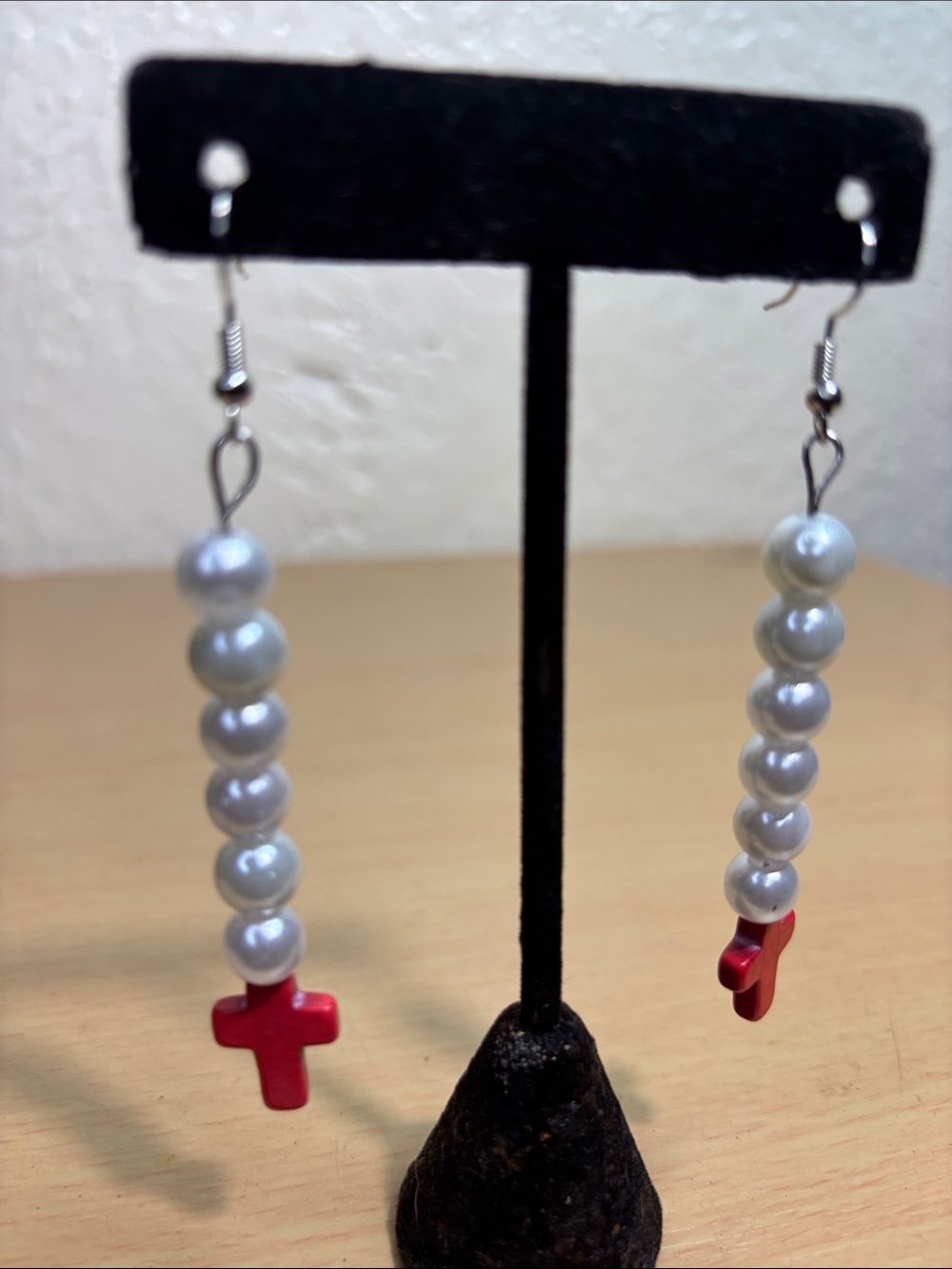 Pearl Drop Earrings with Red Cross Charm